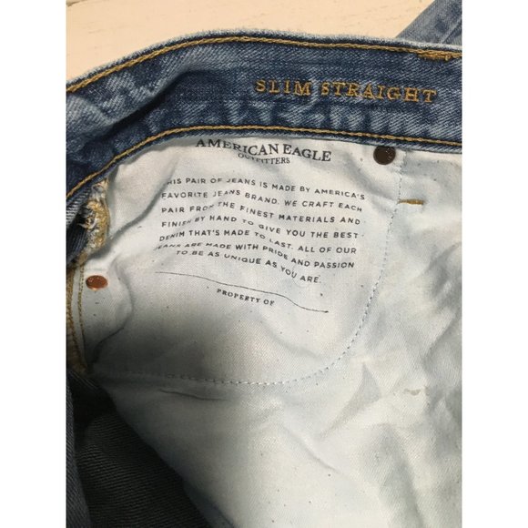 American Eagle Slim Straight leg distressed zip & button front jean size 34x32 - Picture 5 of 9